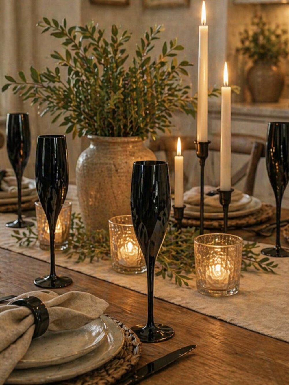Set of 13 Vintage Mikasa “Elegance Black” Champagne Flutes
